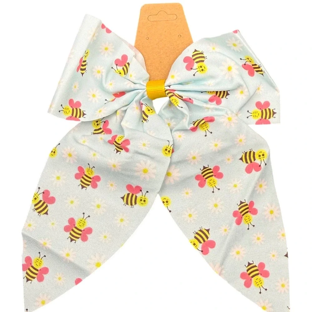 Bumblebee and Daisy Print Oversized Hair Bow Blue Floral Alligator Clip